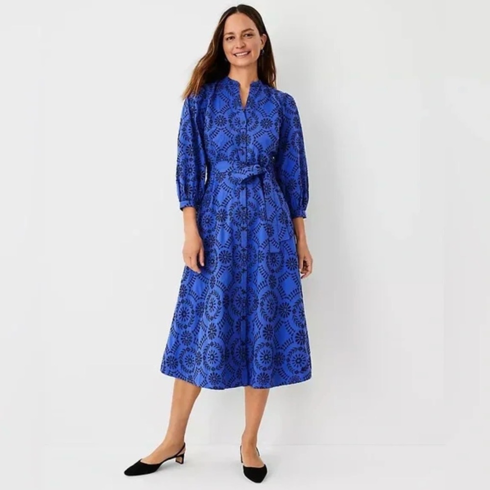 Ann Taylor Eyelet Belted Midi Cotton Shirt Dress In Blue & Black Size 16 NWOT